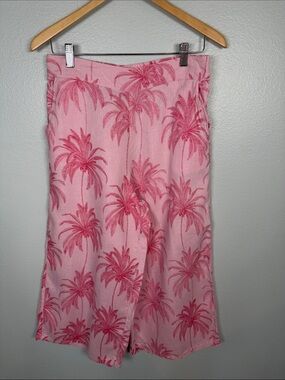 TAHARI Linen Cropped Wide Leg Pants Pink Palm Print Size Large